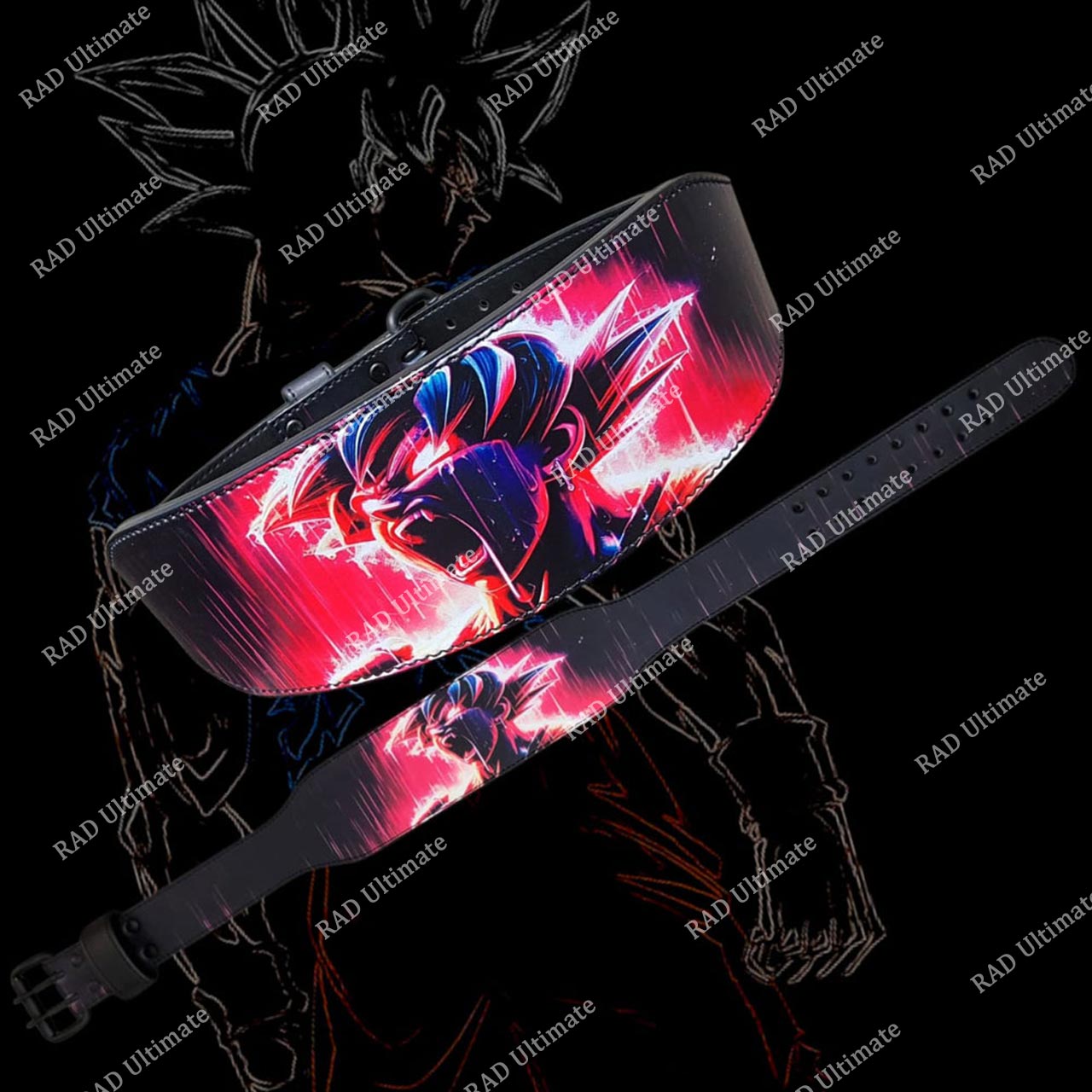 Goku powerlifting belt with red energy aura – leather gym belt for serious lifters