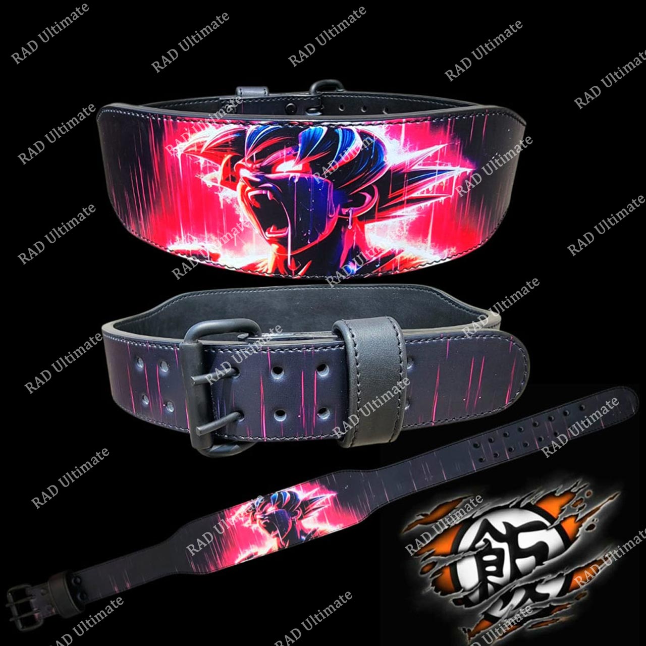 Anime Goku powerlifting belt with red energy aura – leather gym belt for serious lifters
