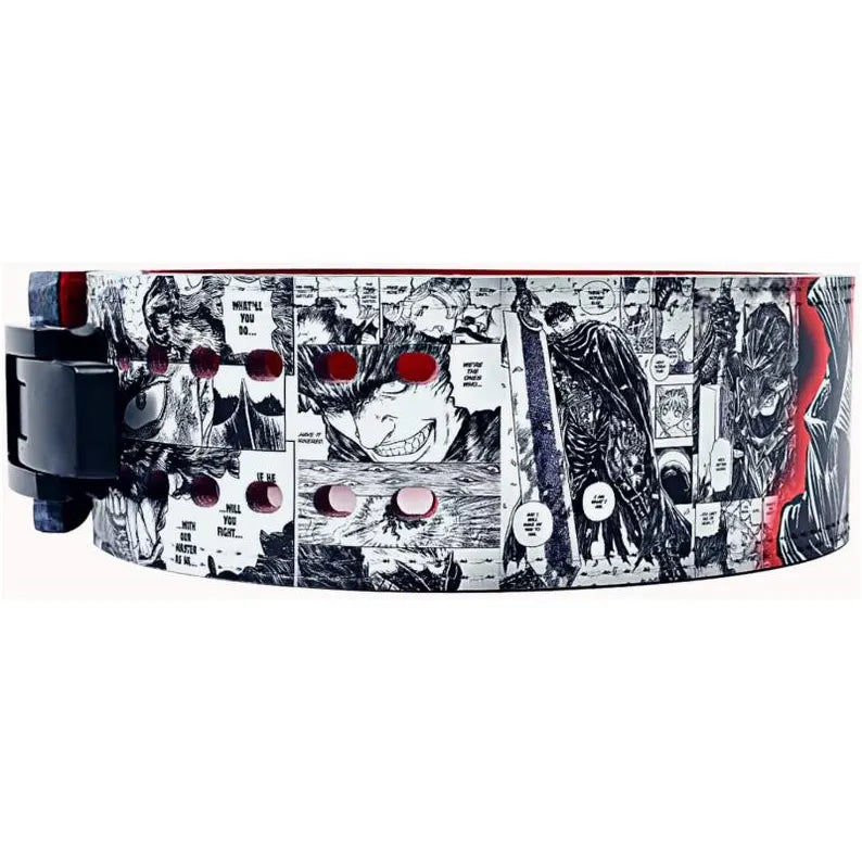 weightlifting lever belt featuring a black-and-white Berserk manga panel design with bold red accents.