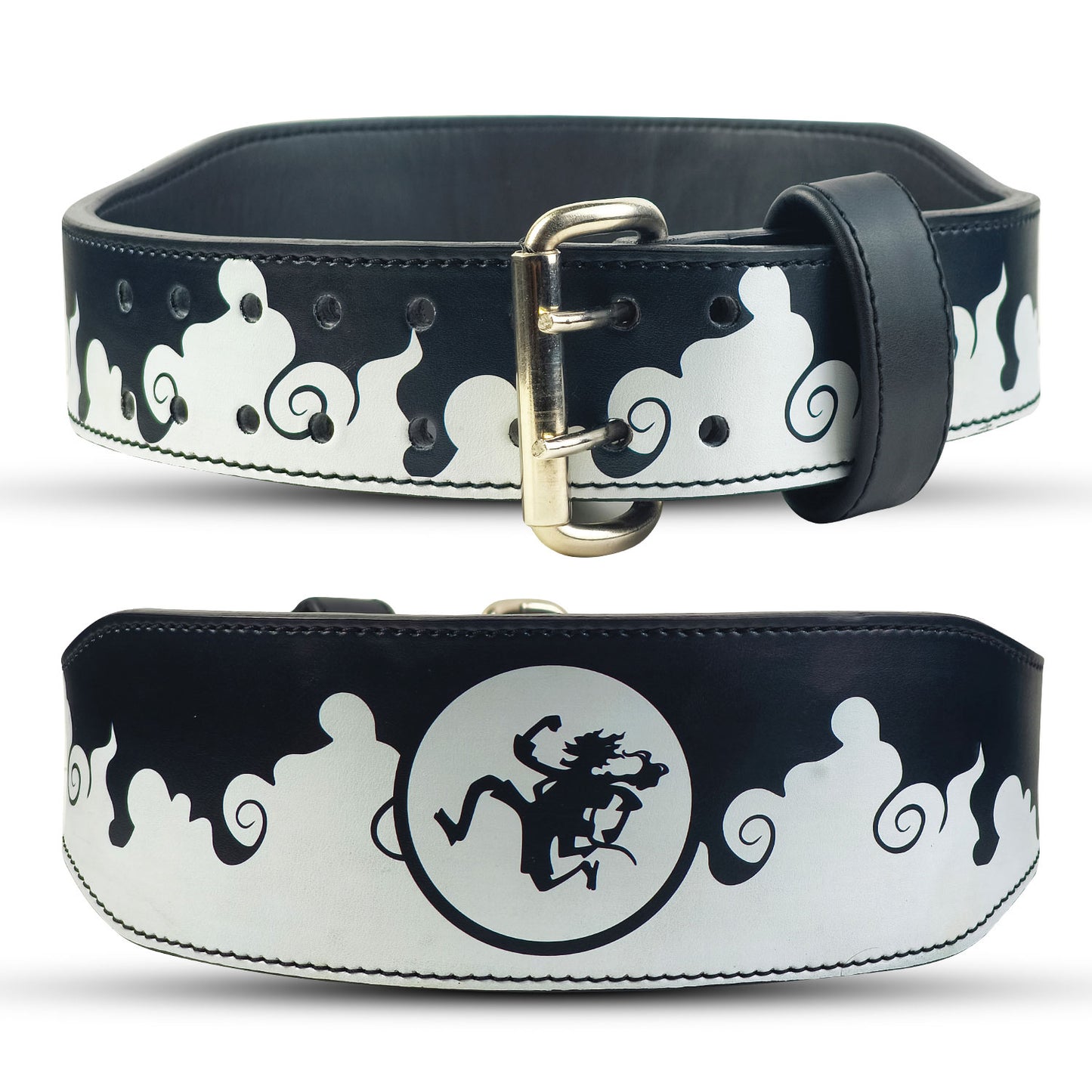 Black leather weightlifting belt with white smoke-style design and anime character Luffy Gear 5.