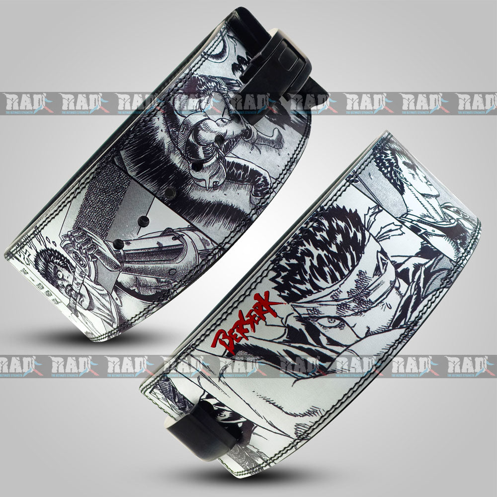 Two Lever Belts with black and white designs and red text on a gray background