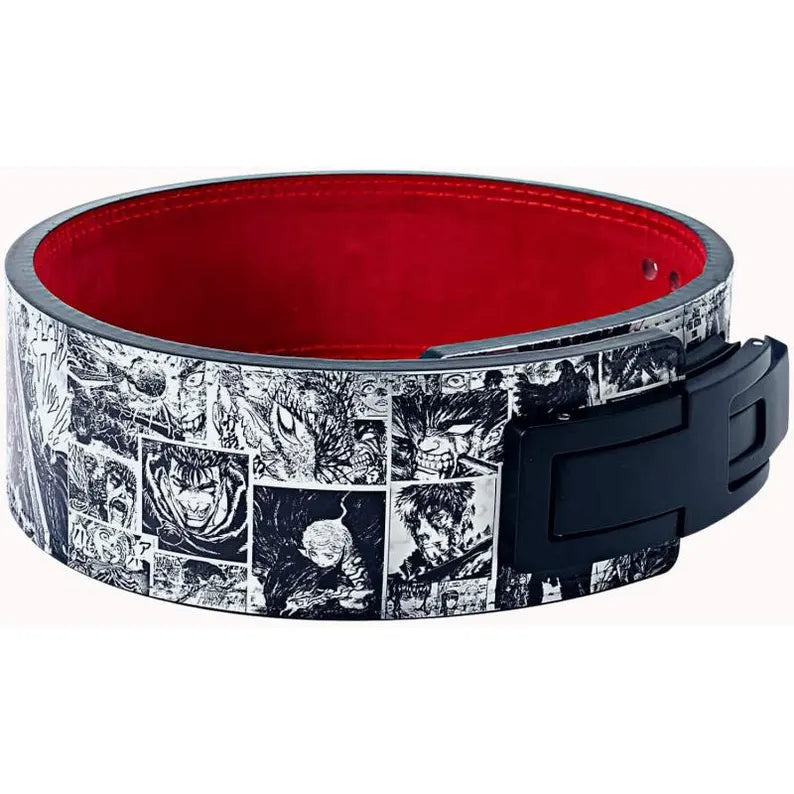 custom weightlifting lever belt featuring a black-and-white Berserk manga panel design with bold red accents.