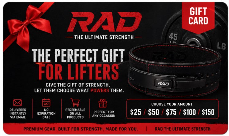 RAD gift card with a black weightlifting belt and red bow on a dark background