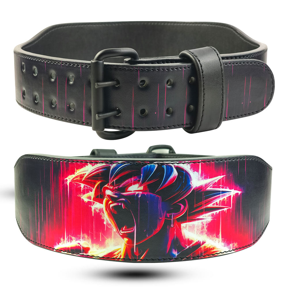 Black leather Goku Lifting belt with a colorful graphic design on a white background