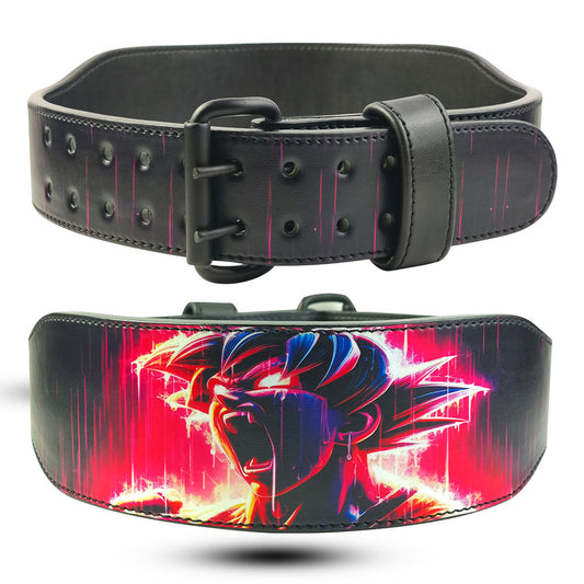 Black leather Goku Lifting belt with a colorful graphic design on a white background