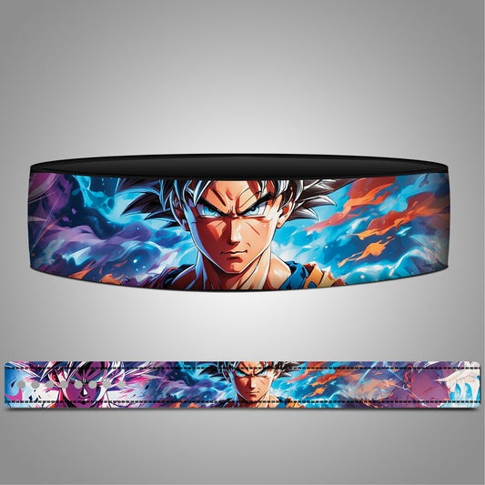 Wide band with a colorful design of a character on a gray background. Goku Ultra Instinct Belt – Dragon Ball Lever Gear