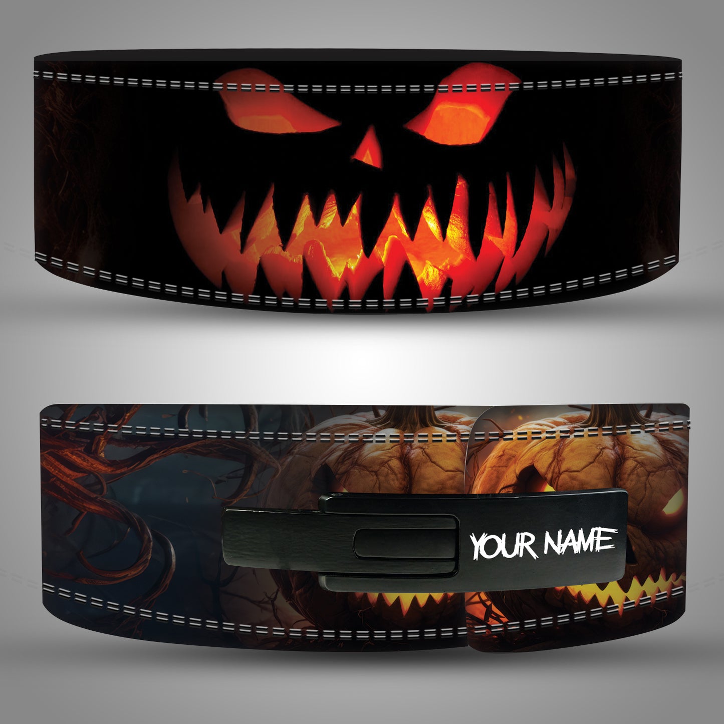 Halloween Pumpkin Weightlifting Belt with glowing Jack O’ Lantern design