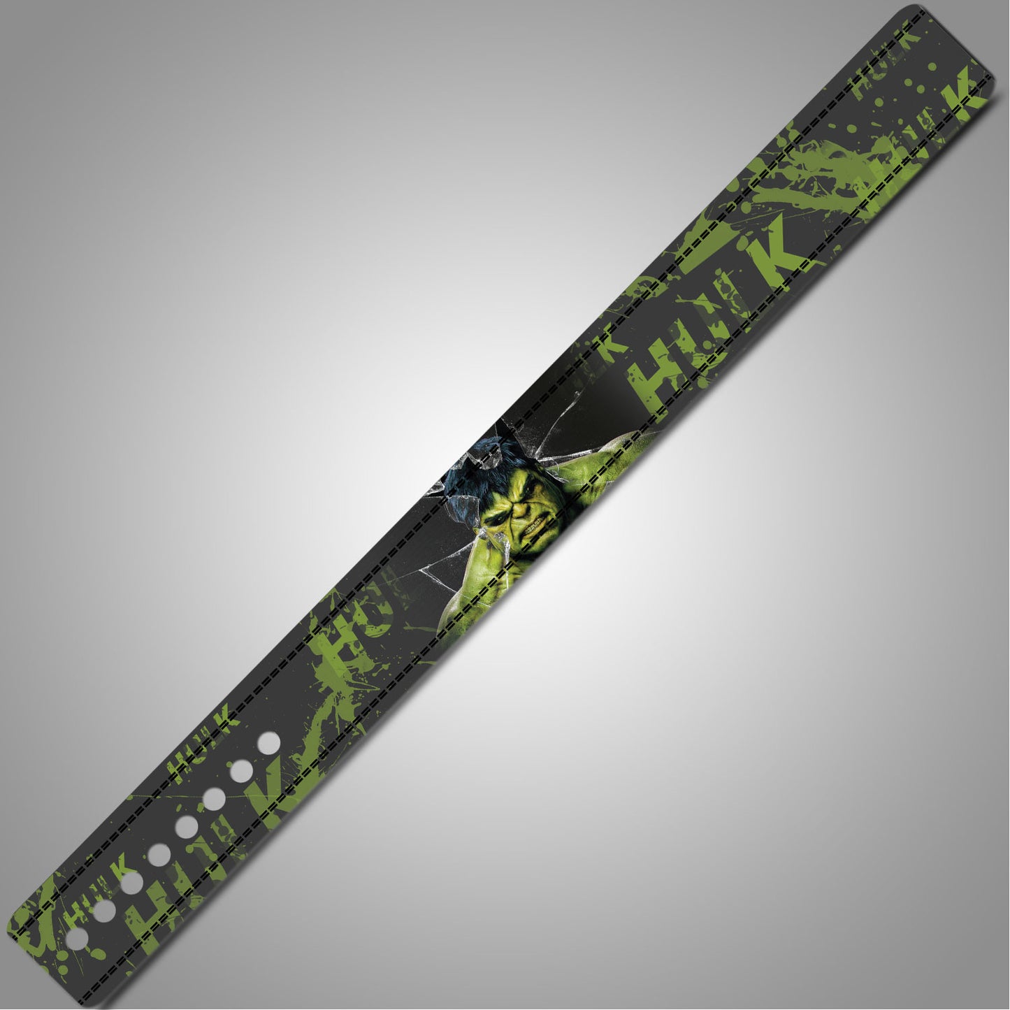Green and black patterned Hulk Weightlifting belt on a gray background