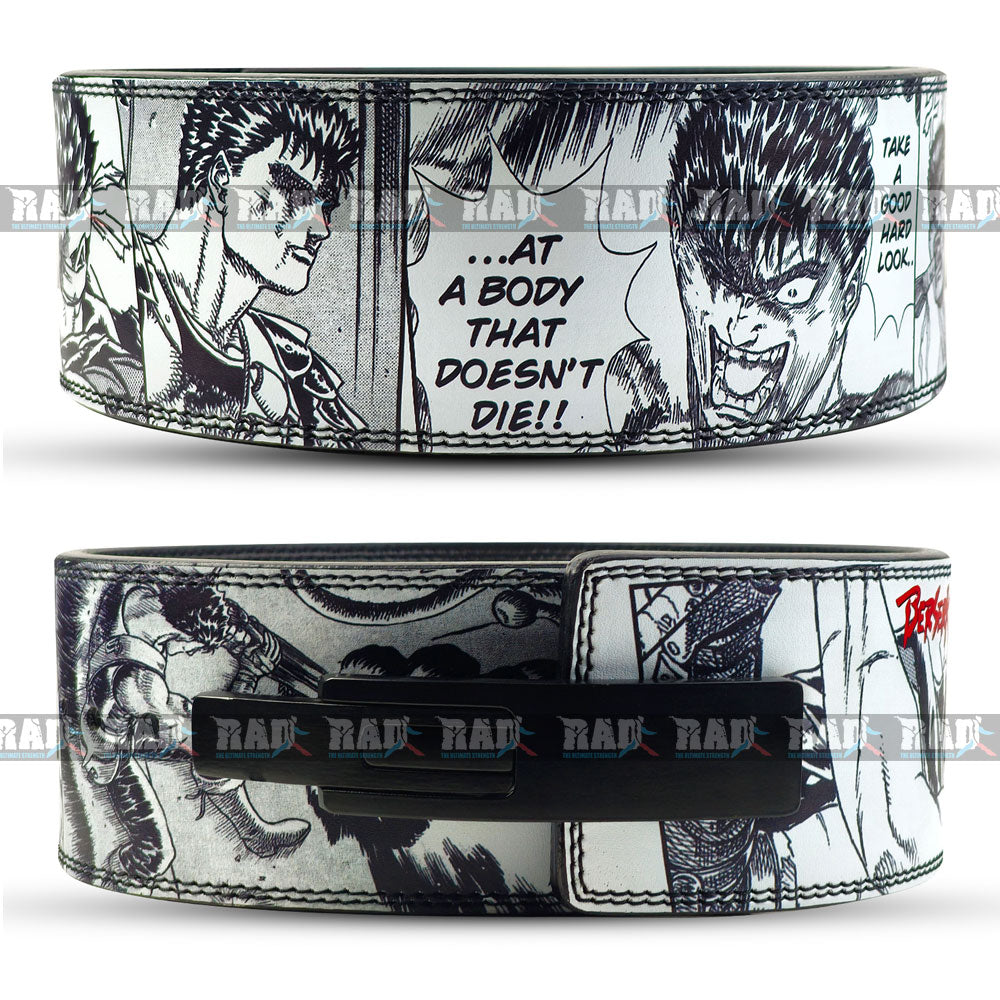 Two belt buckles with black and white illustrations and text on a white background