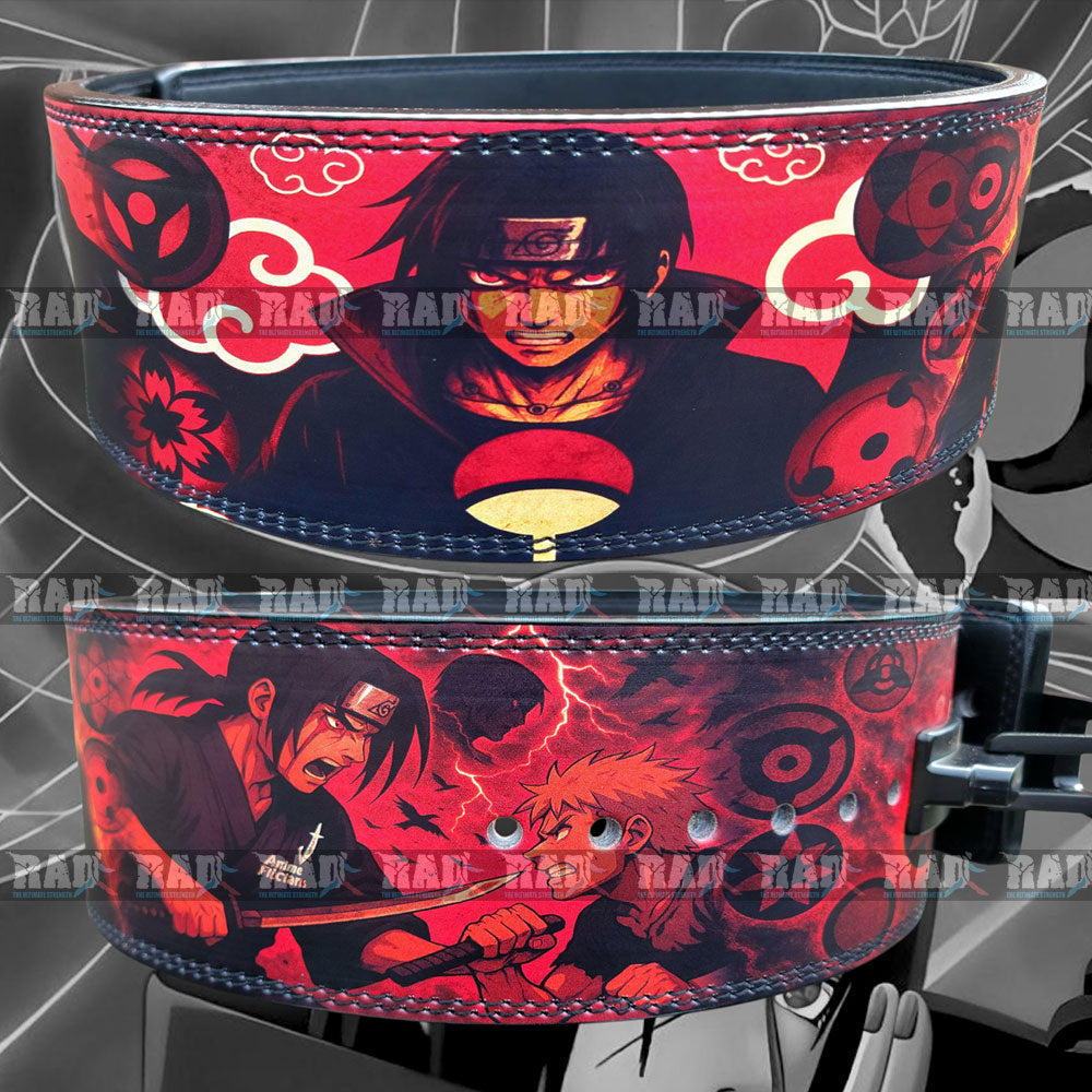 Premium leather gym belt featuring Itachi Uchiha artwork