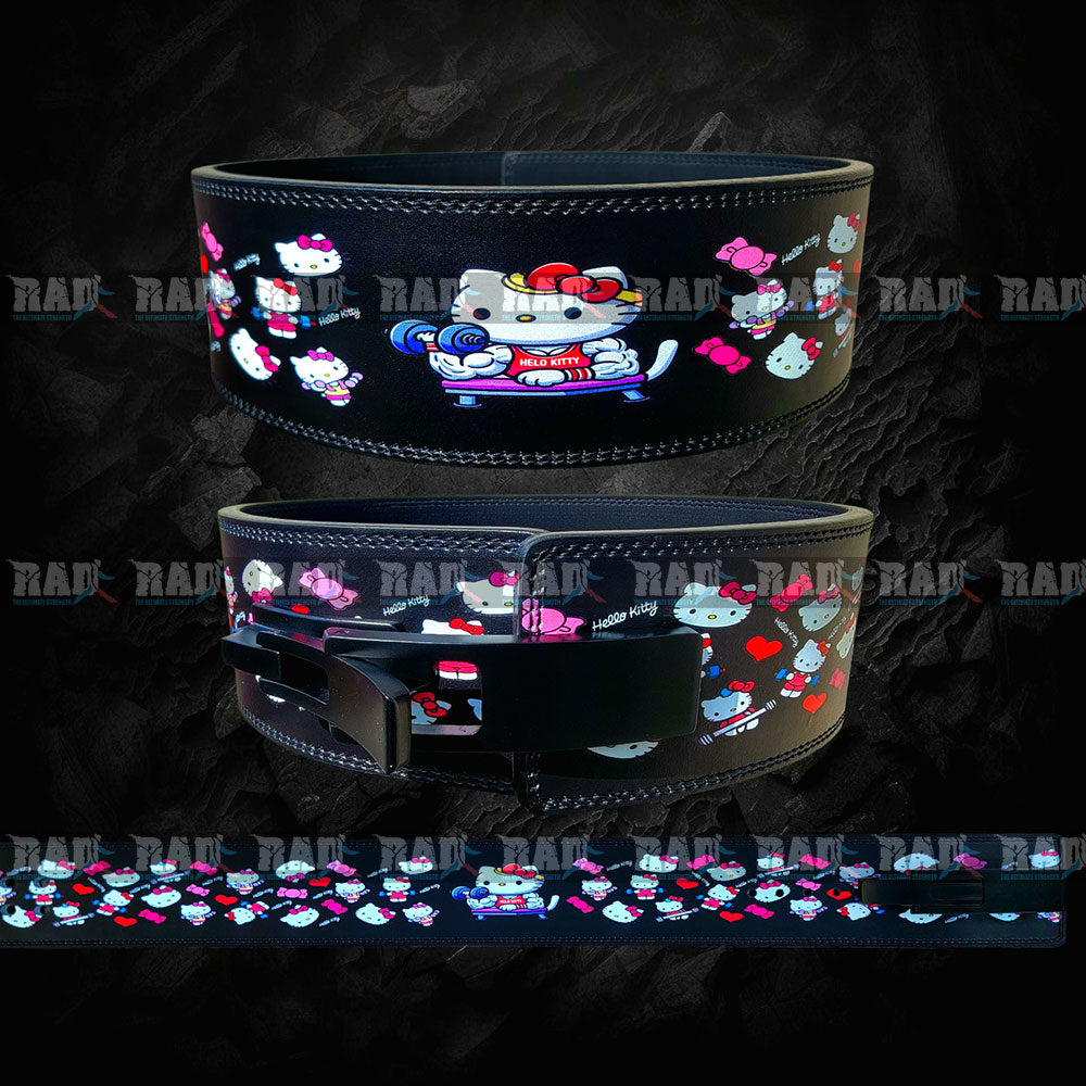 Two leather belts with Hello Kitty designs on a black background