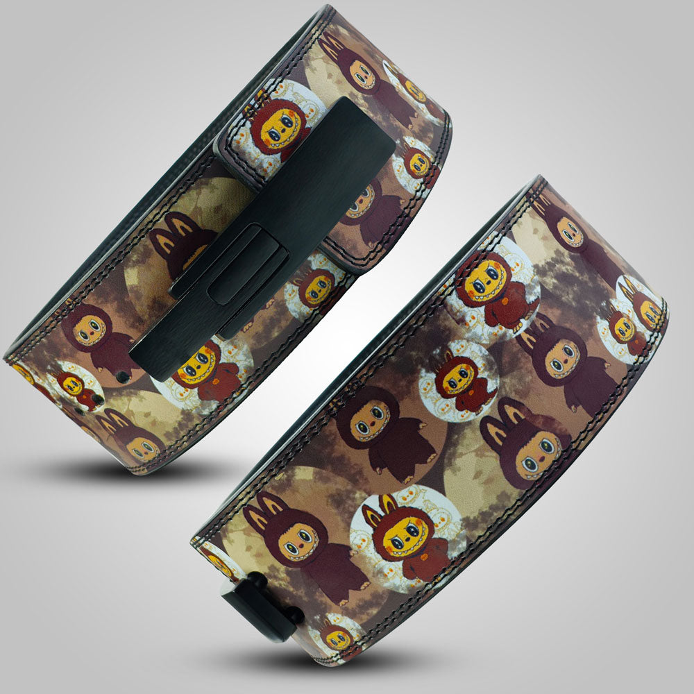 Two views of a product with a cartoon character pattern on a Weightlifting belt