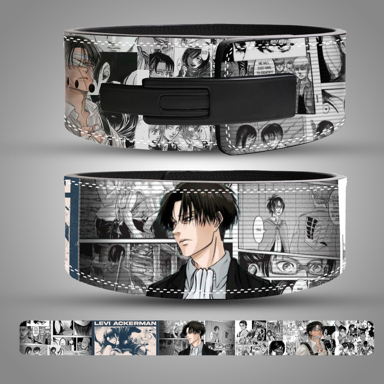 Levi Ackerman anime leather weightlifting belt featuring Attack on Titan manga design