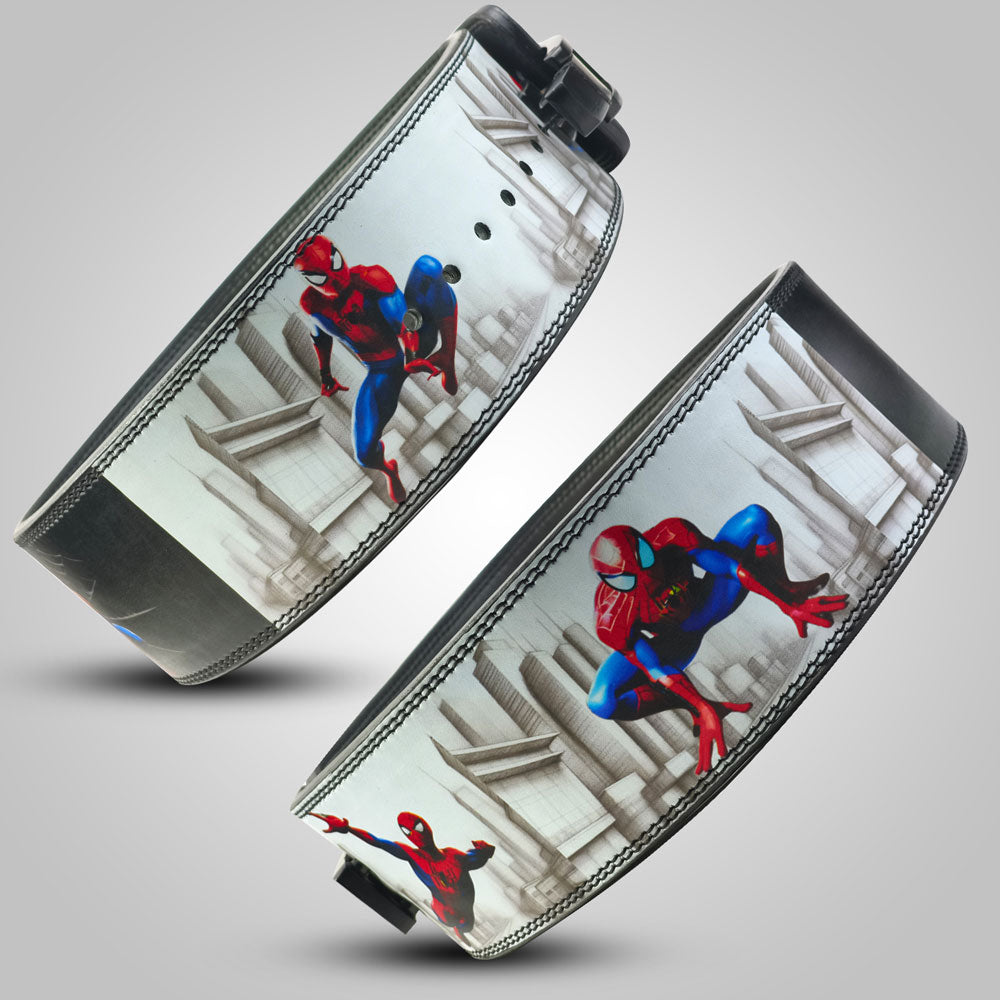 Two belt buckles with Spider-Man design on a gray background
