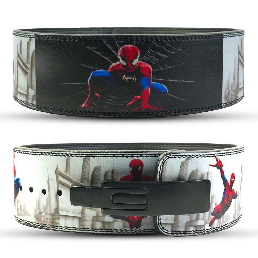 Two Spider-Man themed weightlifting belts on a white background