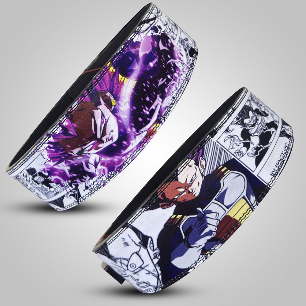 Two Vegeta Weightlifting Belts with anime character designs on a gray background
