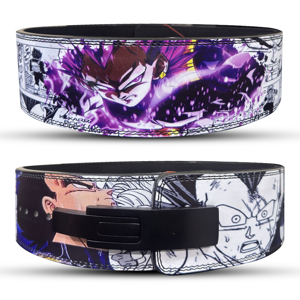 Two belts with Dragon Ball Vegeta anime character designs on a white background