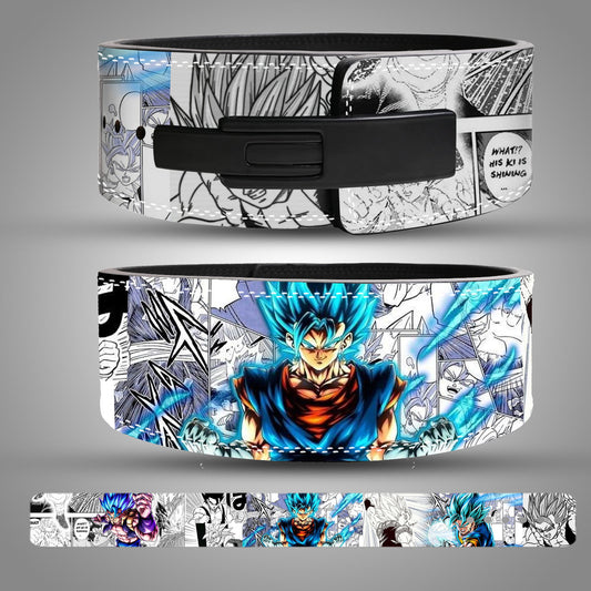Anime weightlifting belt featuring Gogeta with blue Super Saiyan energy and manga background design.