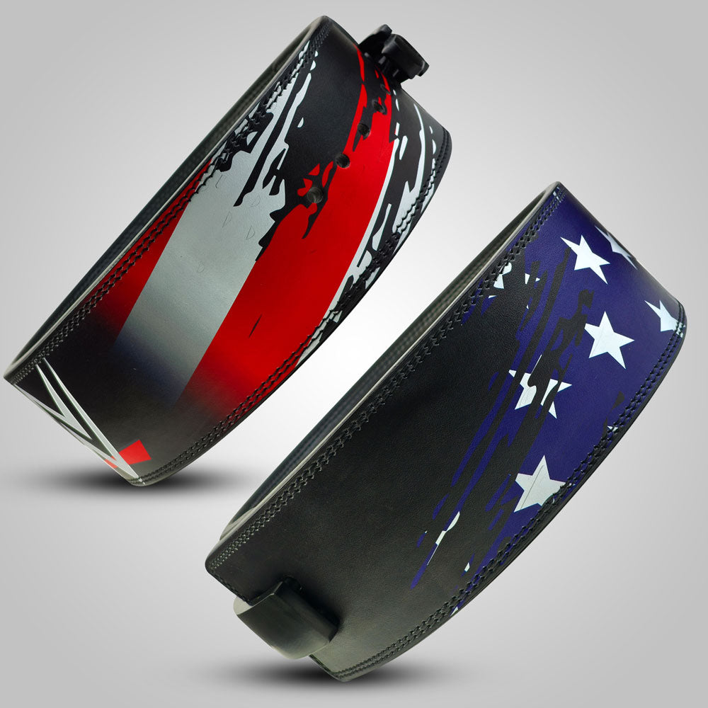 Two WWE Weightlifting leather belts with an American flag design on a Blackbackground
