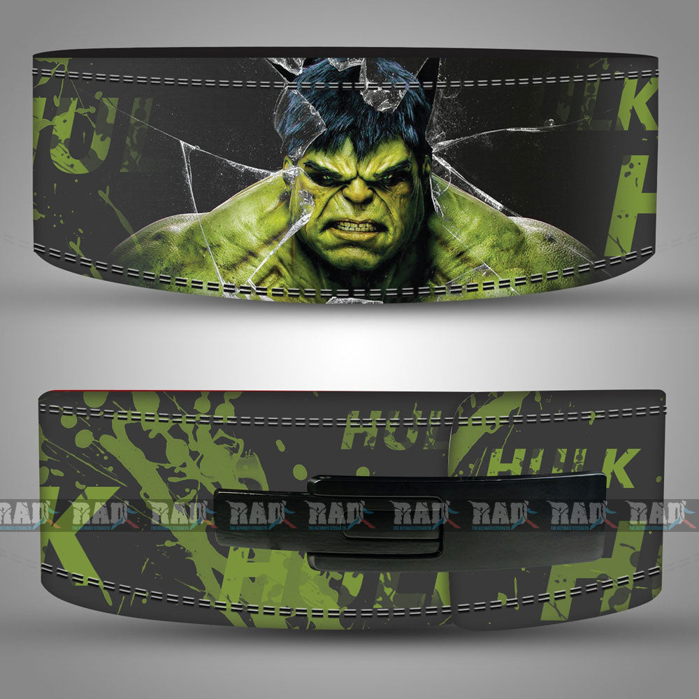 Hulk inspired 10mm leather lever weightlifting belt – front design with green graphic.
