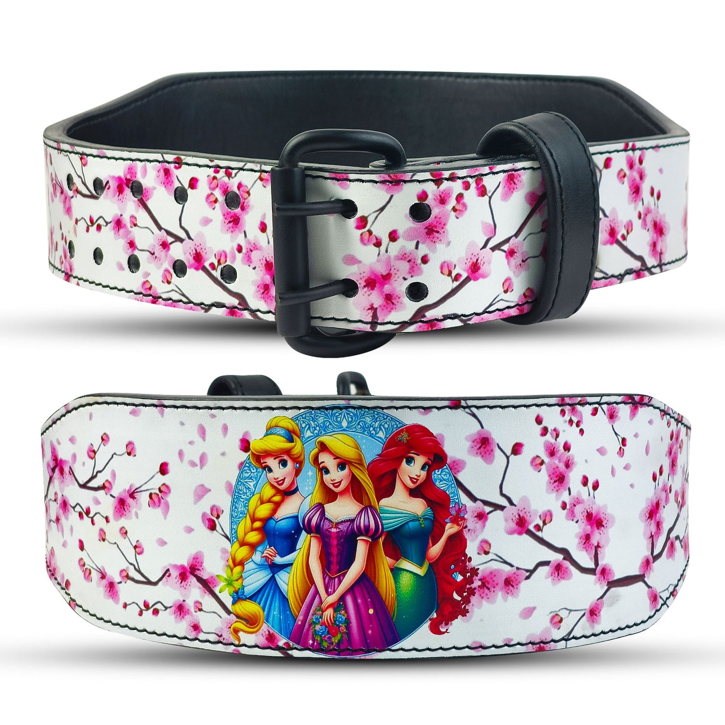 Weightlifting Belt with cherry blossom design and Disney princesses on a white background