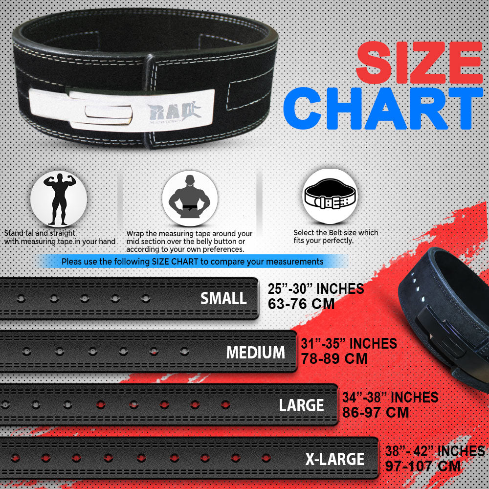 Lever weightlifting belt size chart: S 25–30 inches, M 31–35 inches, L 34–38 inches and XL 38–42 inches, with torso measuring instructions