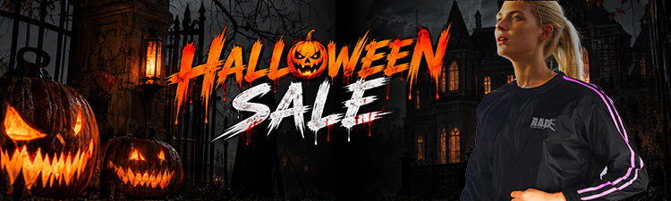 Halloween sale banner featuring a woman in a black RAD sauna suit with pink stripes and glowing pumpkins