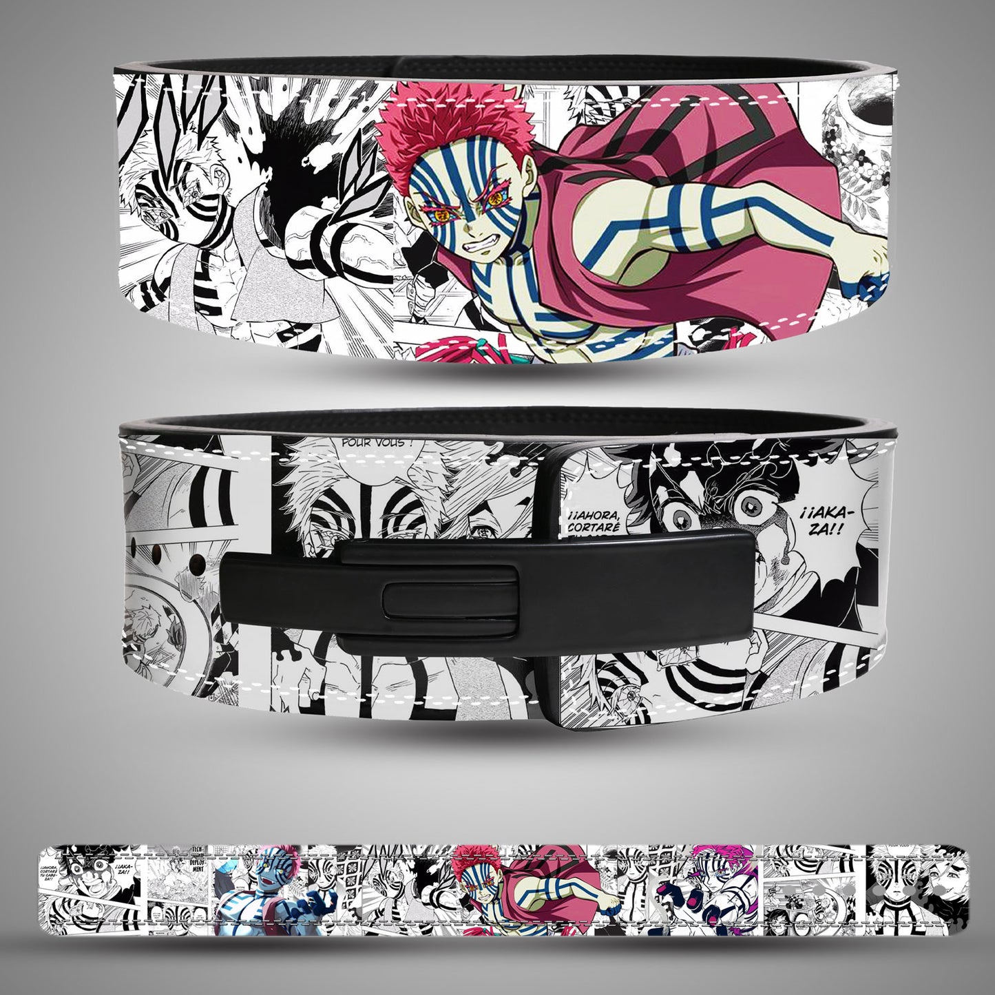 Akaza-themed weightlifting belt with manga panel artwork.