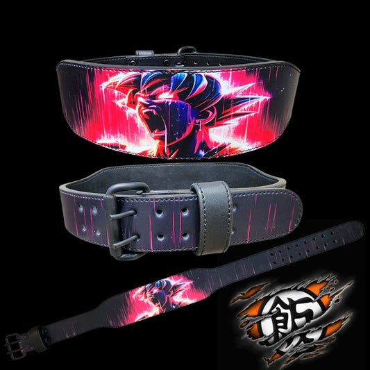 Anime Goku powerlifting belt with red energy aura – leather gym belt for serious lifters