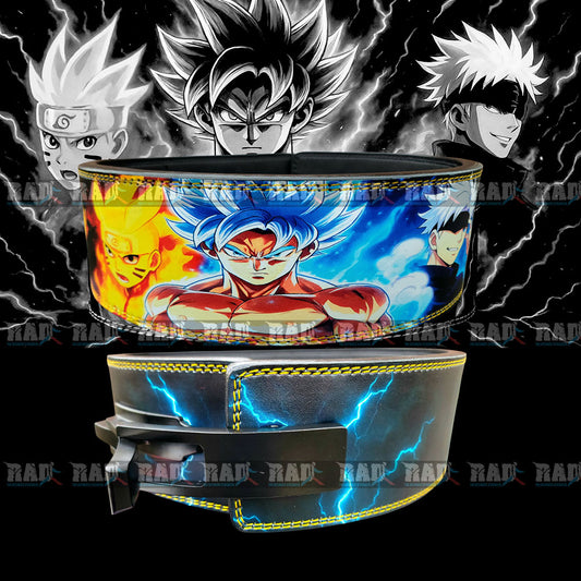 Anime-inspired leather lifting belt featuring Goku, Kakashi & more. 10mm/13mm thick with lever buckle. Train strong with hero energy. Shop now!