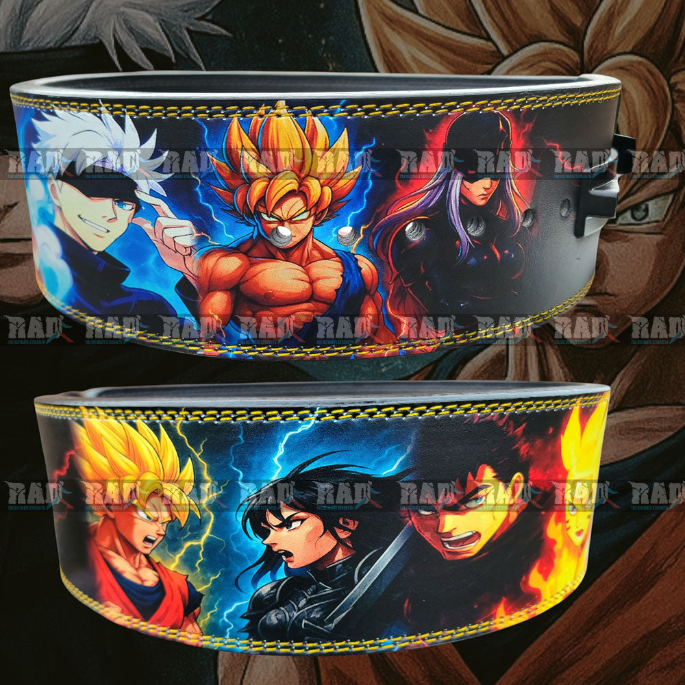 Anime-inspired leather lifting belt featuring Goku, Kakashi & more. 10mm/13mm thick with lever buckle. Train strong with hero energy. Shop now!