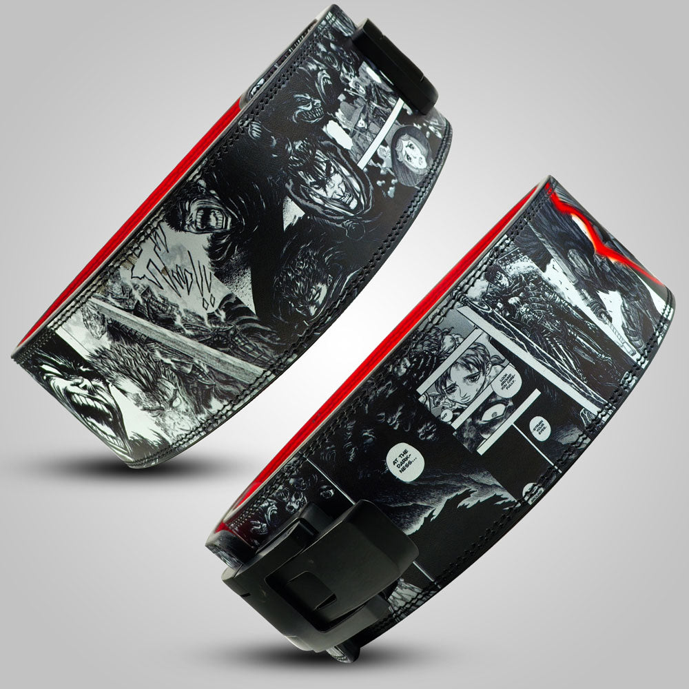 Belt with black and white graphic berserk on a gray background