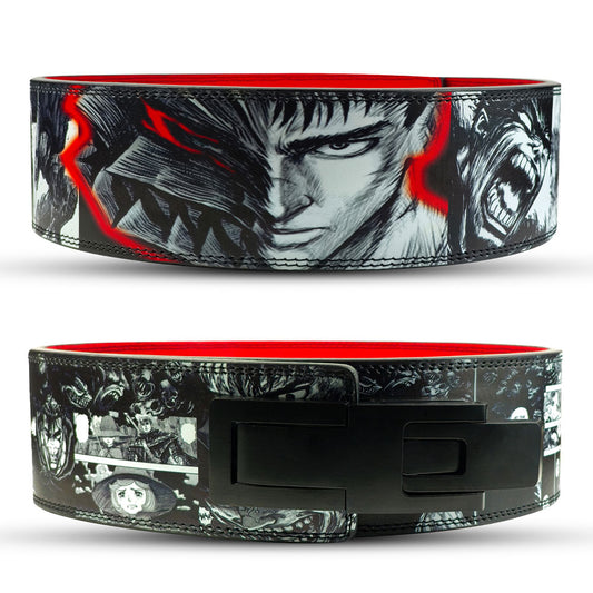 Weightlifting belt with graphic design of a character on a white background