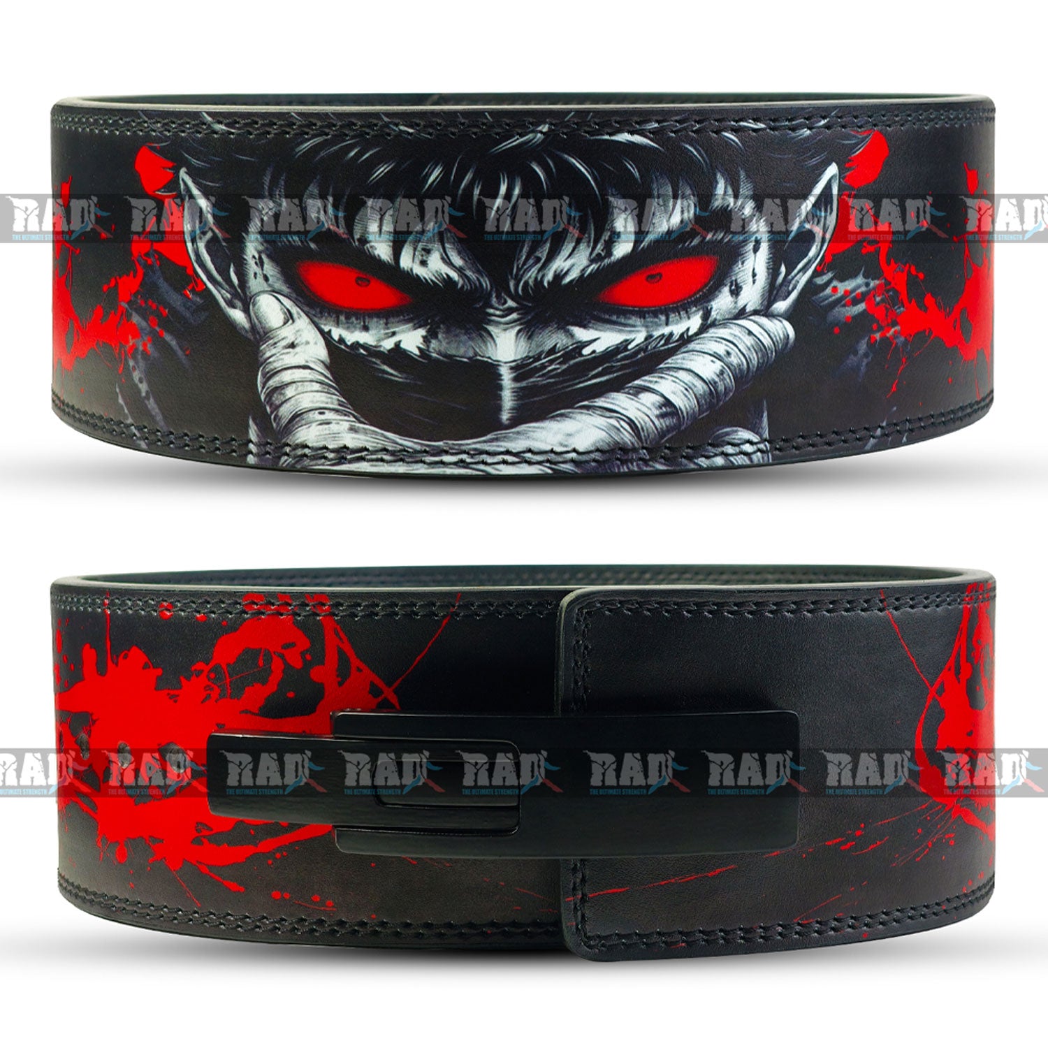 Berserk red-eye design leather weightlifting belt with lever buckle – 10mm/13mm for powerlifting.