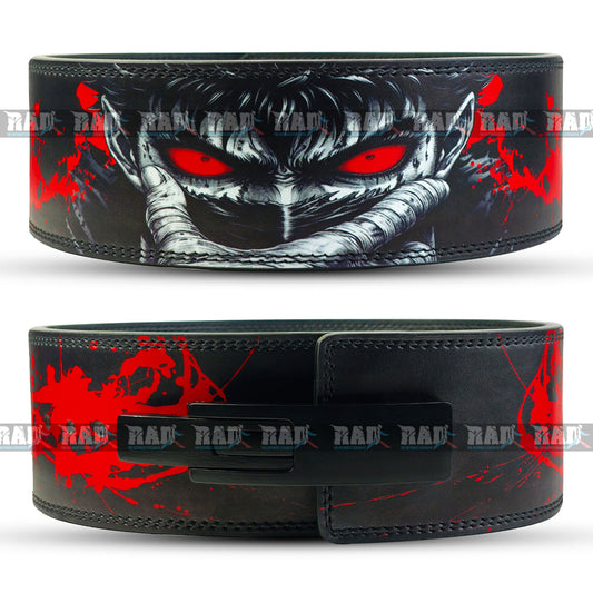 Berserk red-eye design leather weightlifting belt with lever buckle – 10mm/13mm for powerlifting.