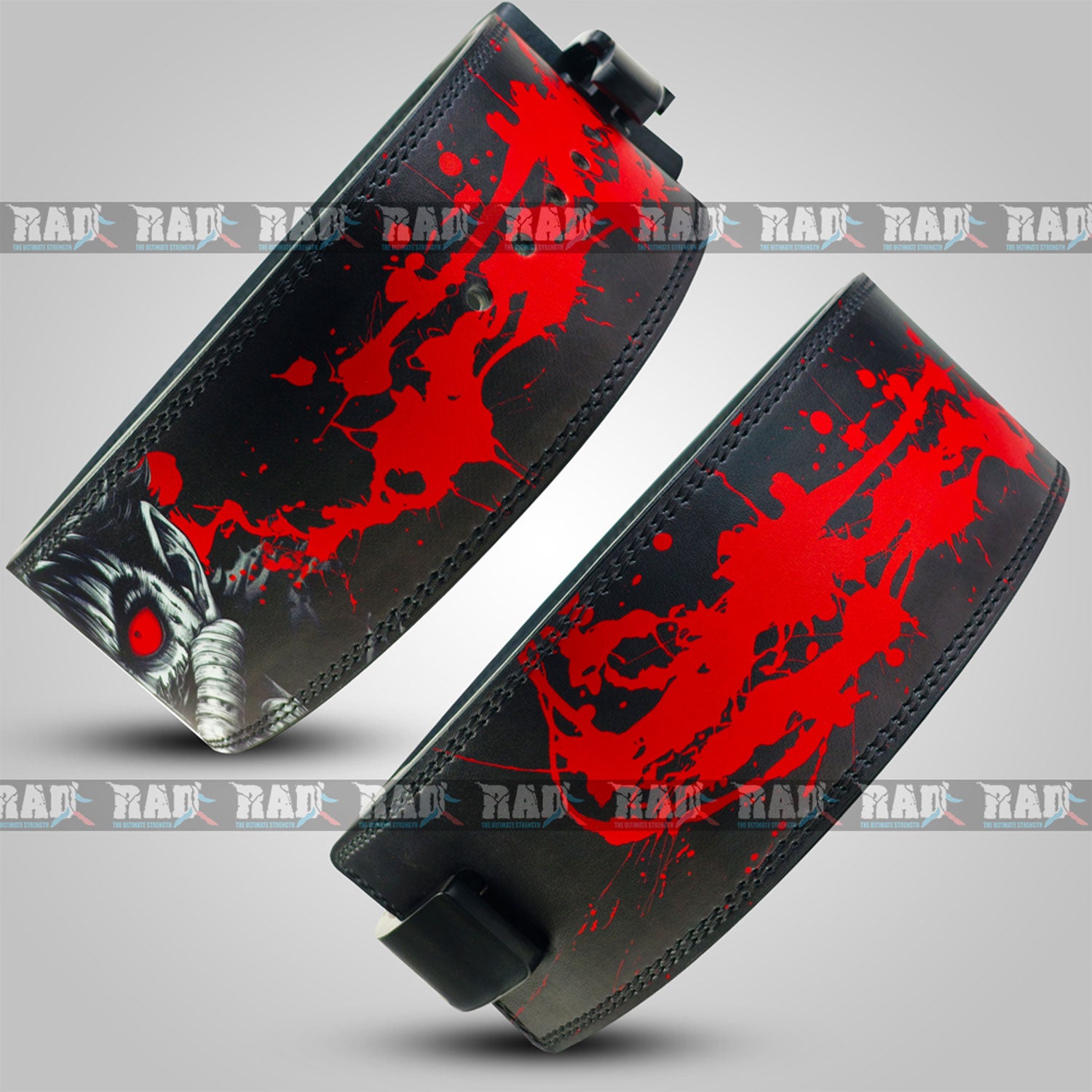 Black and red Berserk-themed leather belt with lever closure for heavy lifting.