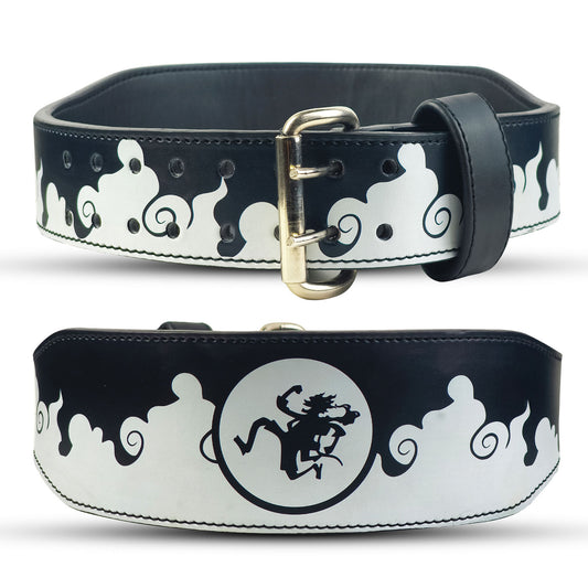 Black leather weightlifting belt with white smoke-style design and anime character Luffy Gear 5.