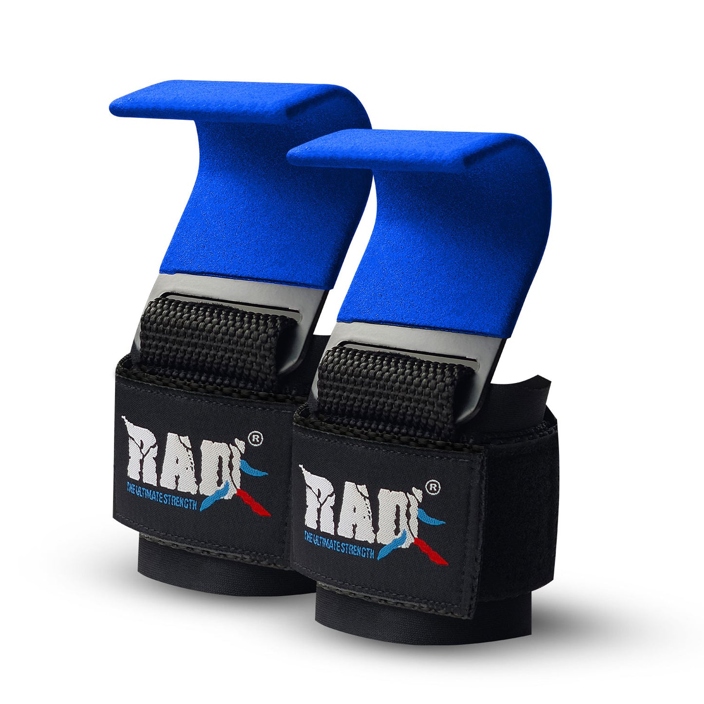 Pair of blue wrist straps with black RAD logo on a white background