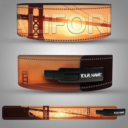 California skyline design custom leather weightlifting belt with lever buckle