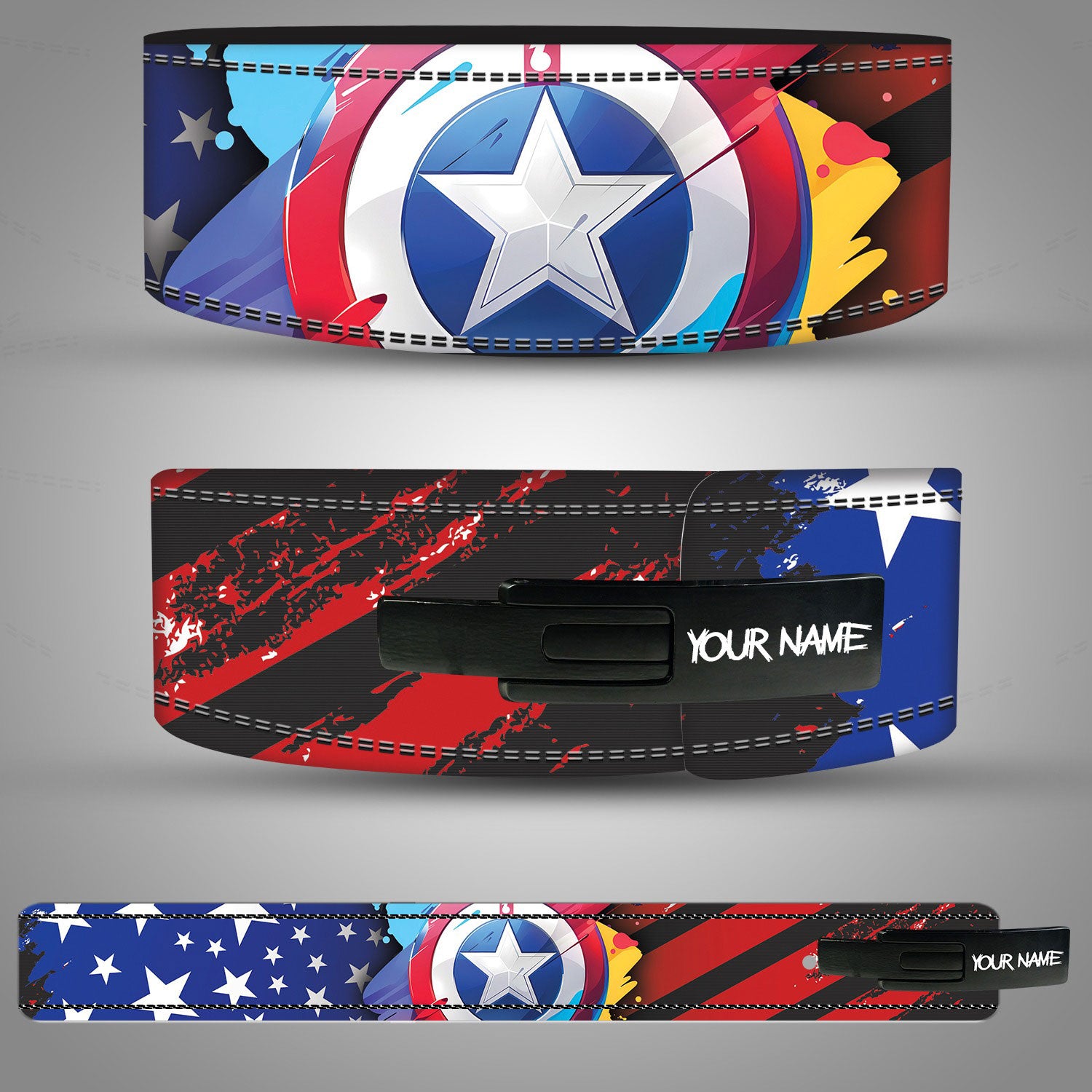 Colorful belt with Captain America superhero design on a gray background