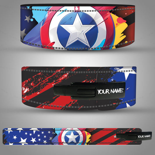 Colorful belt with Captain America superhero design on a gray background