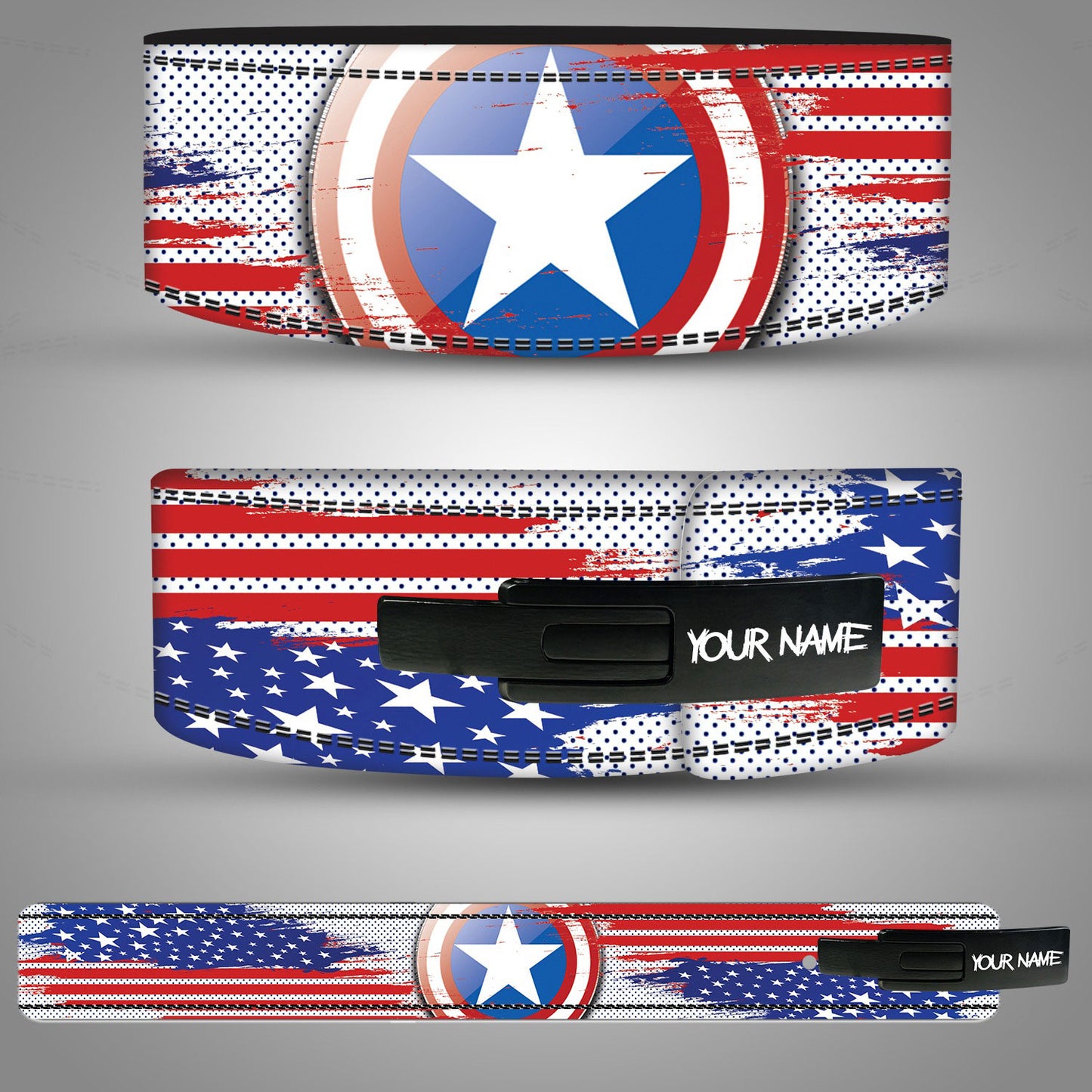 Weightlifting Belt with an American flag and Captain America shield design on a gray background