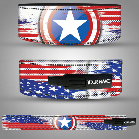 Weightlifting Belt with an American flag and Captain America shield design on a gray background