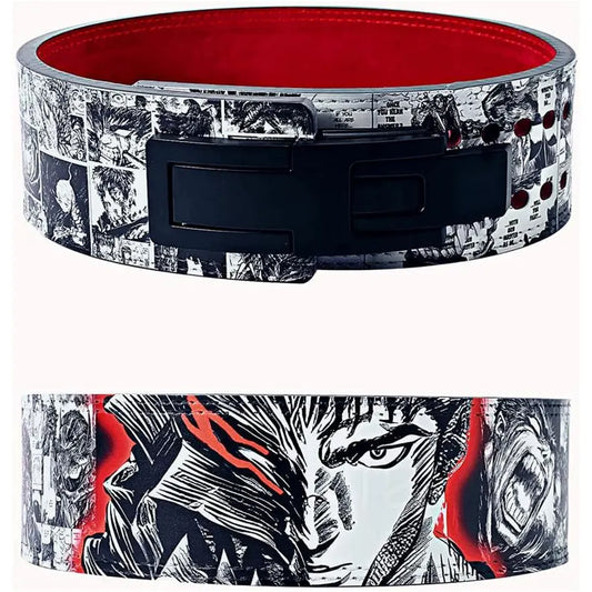 A custom weightlifting lever belt featuring a black-and-white Berserk manga panel design with bold red accents. The belt has a black metal lever buckle and a red inner lining for a striking contrast.