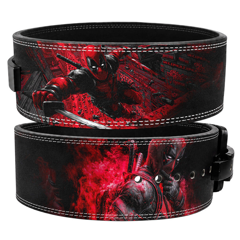 Deadpool themed leather weightlifting belt in red and black with lever buckle for powerlifting