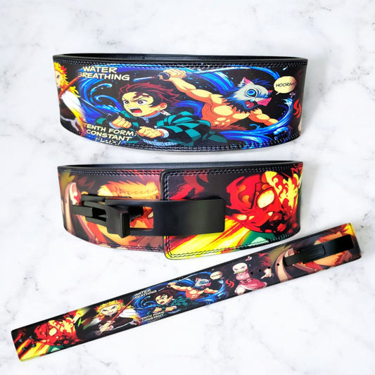 Demon Slayer custom weightlifting belt with Tanjiro, Inosuke, Rengoku and Nezuko design – high quality leather gym belt