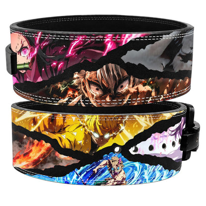 Demon Slayer anime weightlifting belt featuring Nezuko, Zenitsu, and Tanjiro with lever buckle for powerlifting