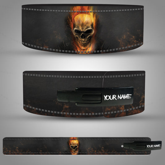 Belt with skull design and 'Your Name' text on a gray background