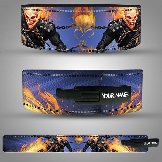 Ghost Rider-themed weightlifting belt with fiery skulls, chains.