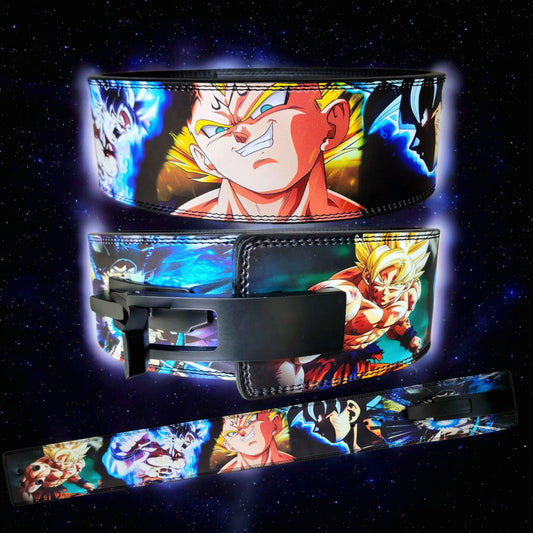 Goku and Vegeta Saiyan inspired custom leather weightlifting belt with lever buckle